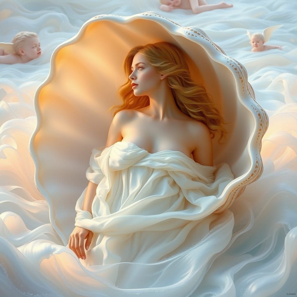 Create an ethereal scene inspired by "The Birth of Venus" by...