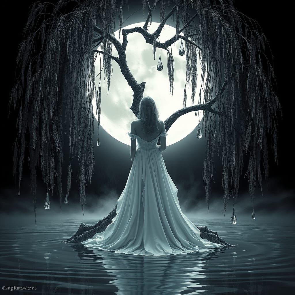 Mystical Woman Under Moon in Dark Fantasy Style