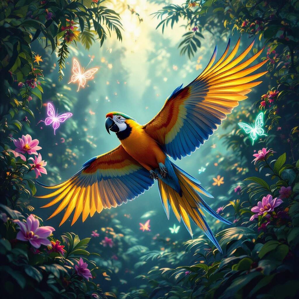 Macaw in Flight Amidst Bioluminescent Rainforest