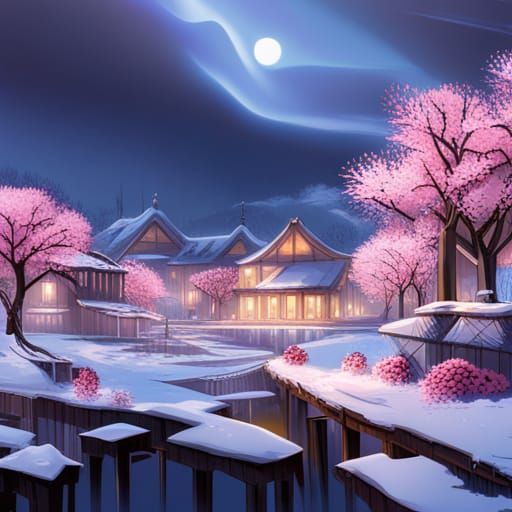 Snowy Village with Cherry Blossoms in Anime Style