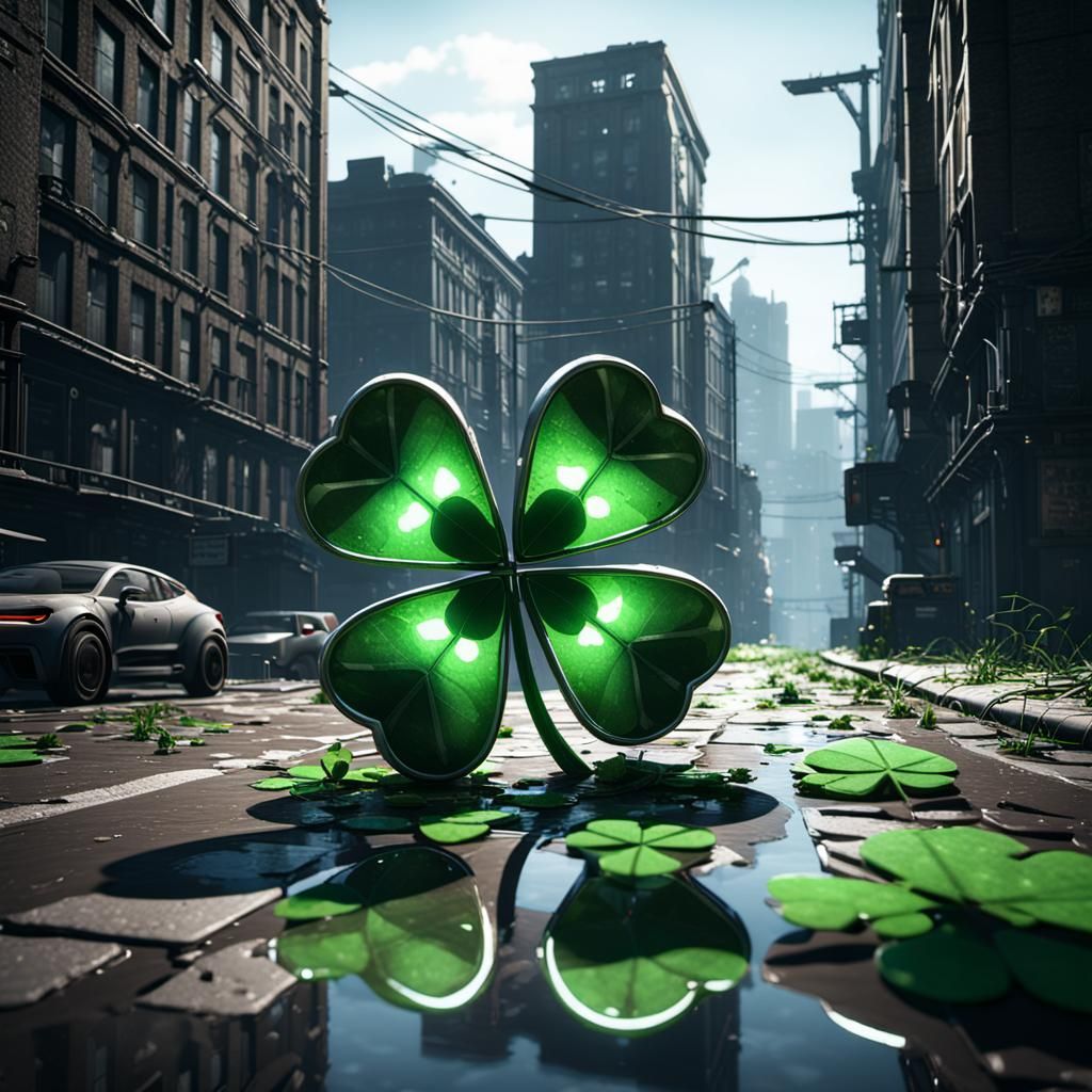 Dystopian City Street with Lucky Clover, 3D Render