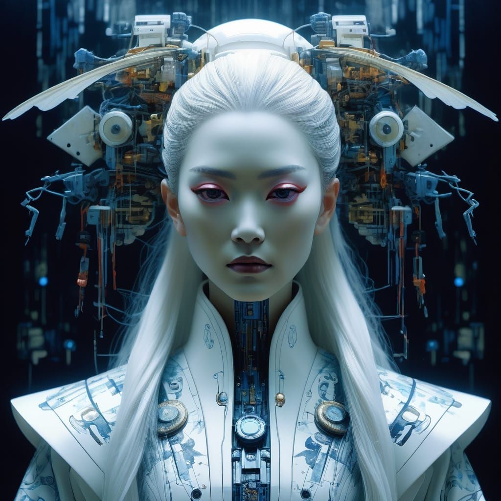 Otherworldly Android Fairy in Silver Sunset Hues