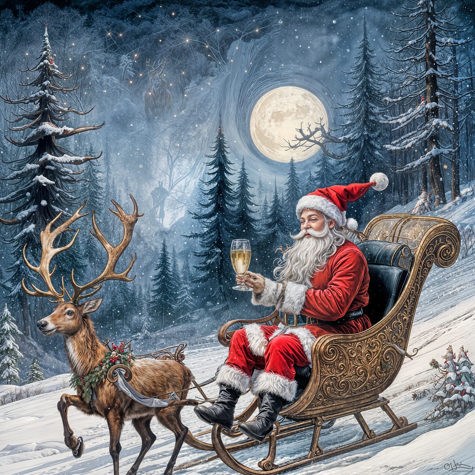 Christmas Reindeer Sleigh Ride Scene