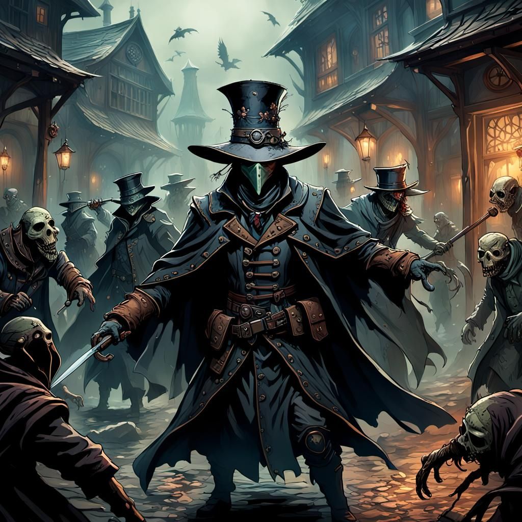 Plague Doctor vs Zombies in Dark Fantasy Style