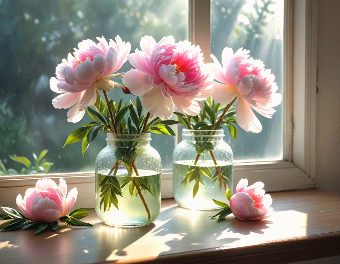 Dewy Pink Peonies in Jars, Sunlight Still Life