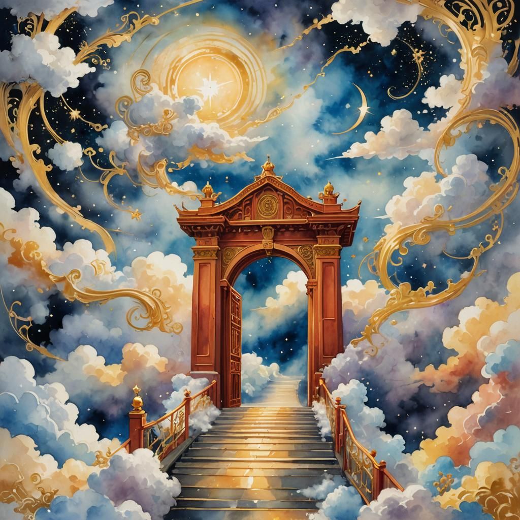 Heaven's Gate in Space: Gouache and Watercolor Painting