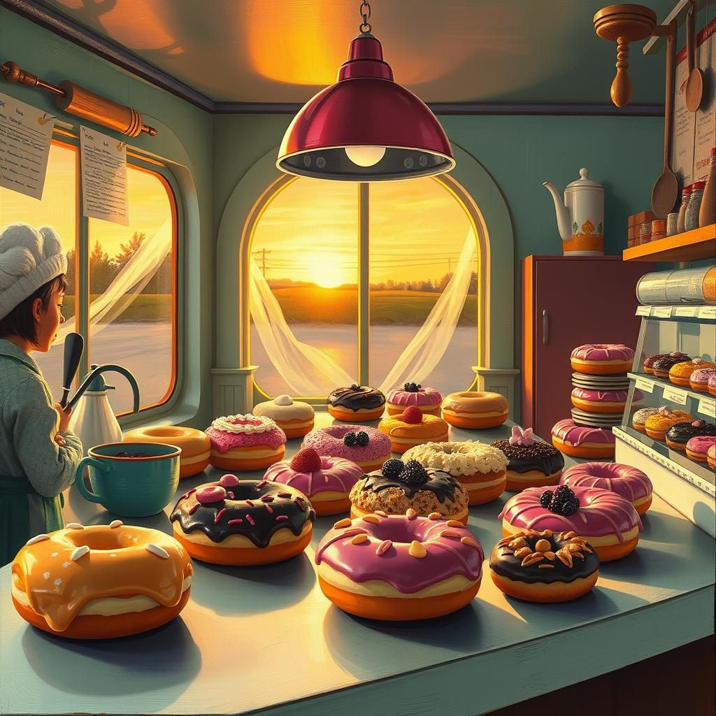Whimsical Donut Shop at Dusk in Pop Surrealist Style