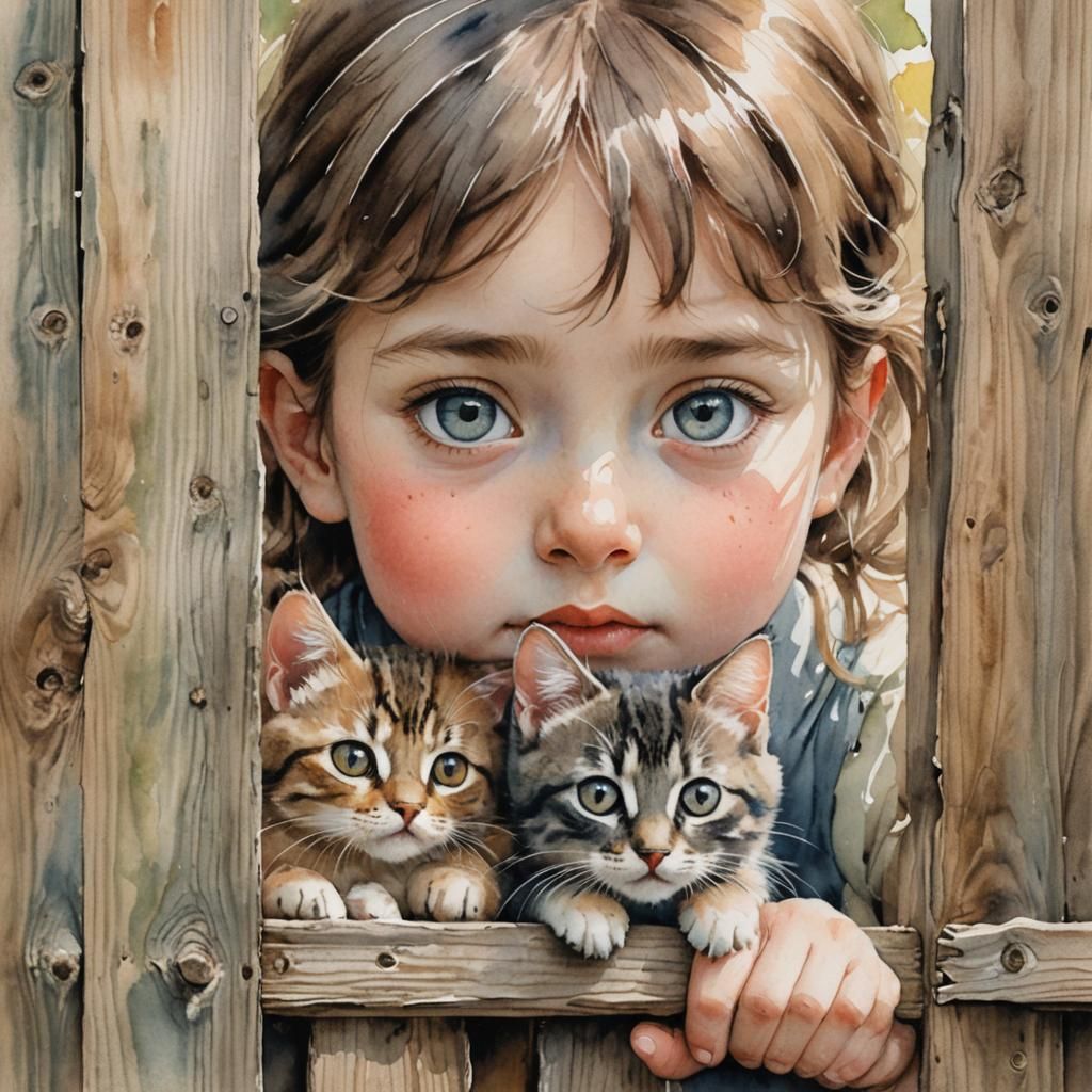Child and Kitten: Whimsical Watercolor Portrait