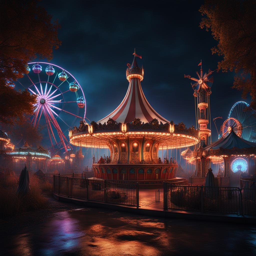 Eerie Midnight Amusement Park: A Spectral Carnival Scene