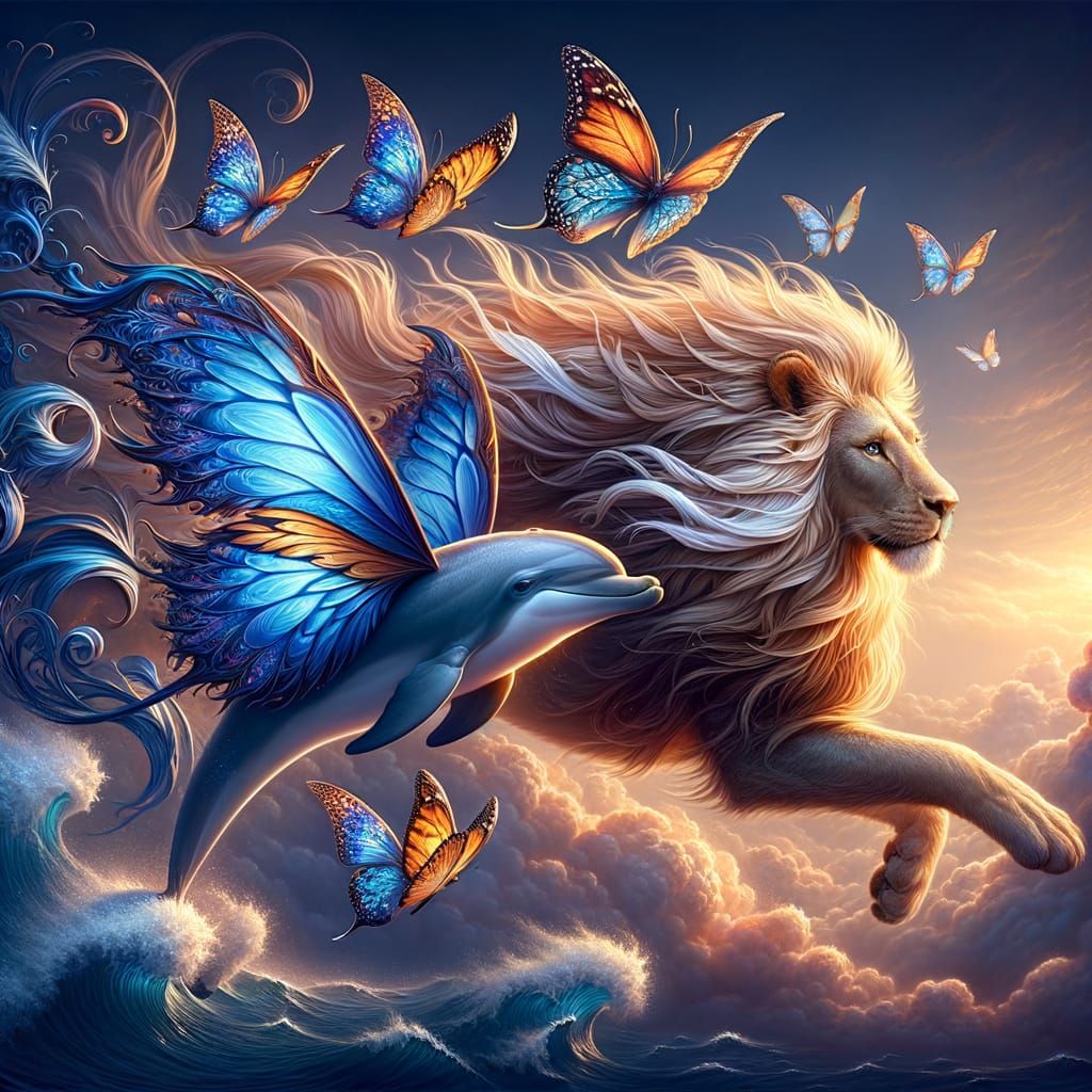 Winged Lion and Butterfly Dolphin Fantasy Art