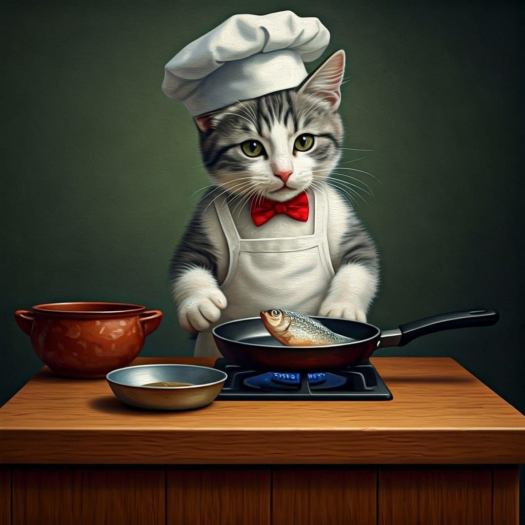 Chef Cat Cooking Fish in Cubist Style