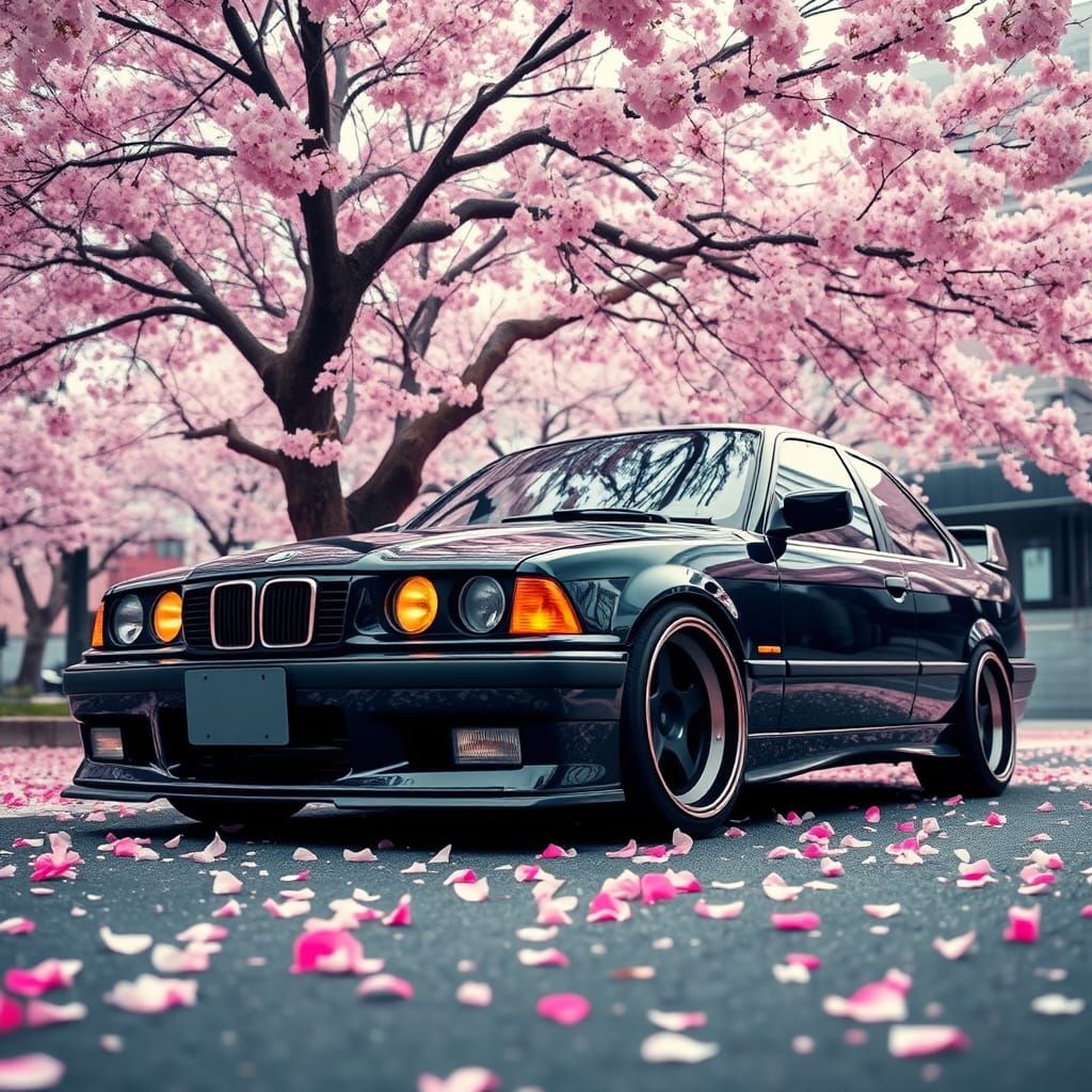 BMW E36 Modified Car Amidst Vibrant Sakura Blossoms in Japan