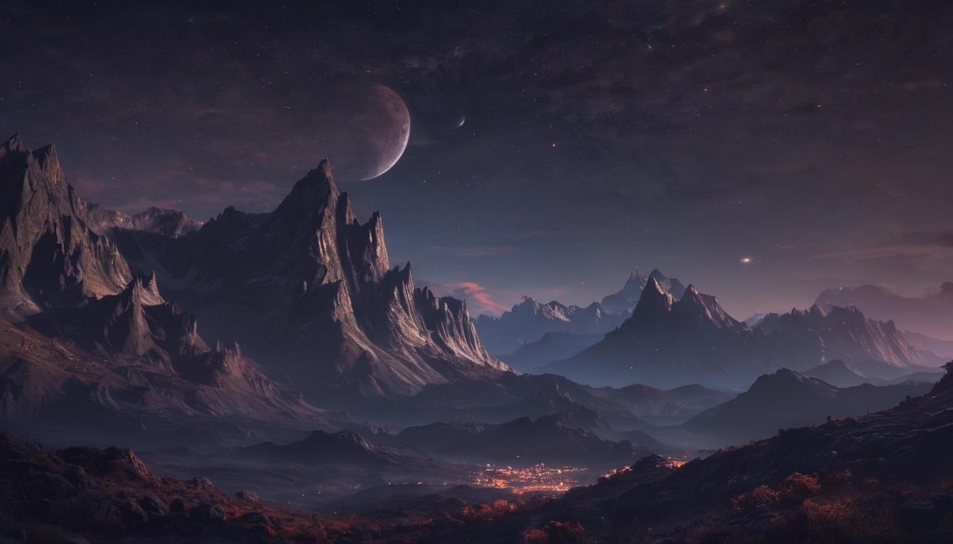 Festive Night Sky with Crescent Moon and Starry Mountains