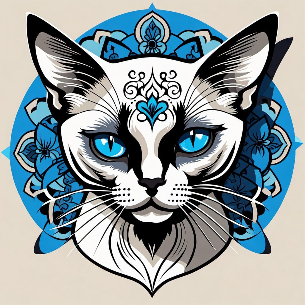 Siamese Cat Tattoo Flash with Sakura Flowers