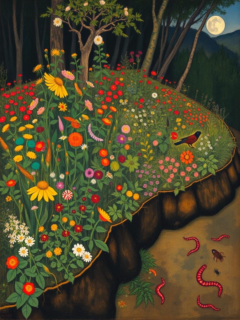 Expressionist Riverbank Scene with Birds and Insects