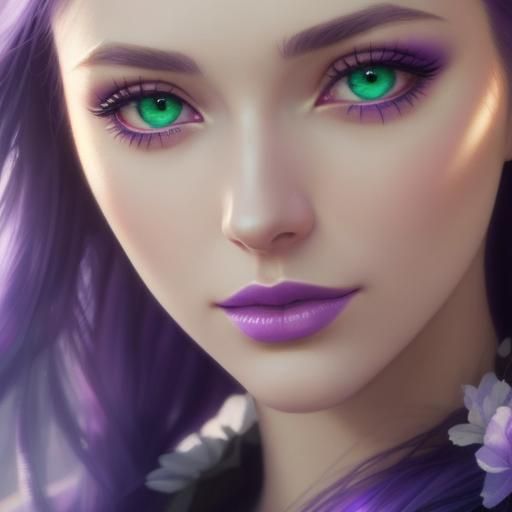 Ethereal young lady with long purple hair and green eyes with purple eyeshadow and blue eyeliner and purple lipstick and...