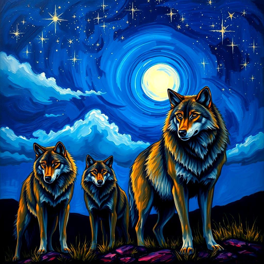 Vibrant Expressive Wolves Under a Starry Night Sky