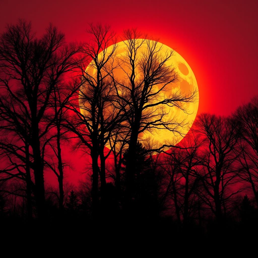 Silhouetted Trees Backlit by Super Blood Moon