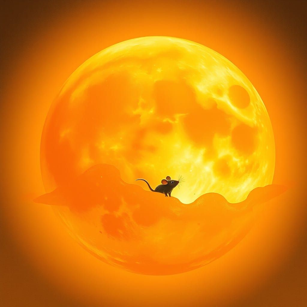 Dreamy Orange Moon with Adventurous Mouse Inside
