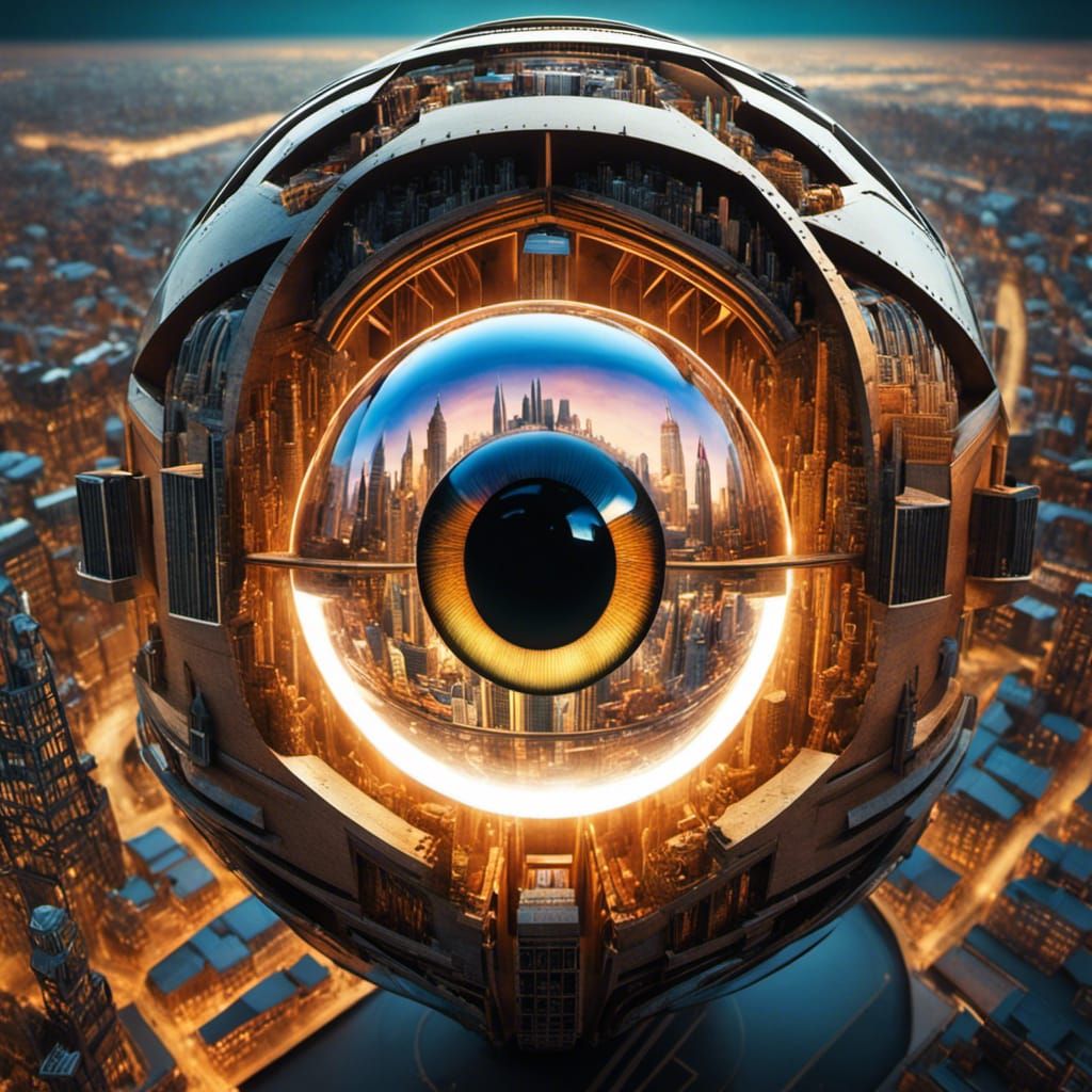 Macro Eyeball with Futuristic City, Surreal Art