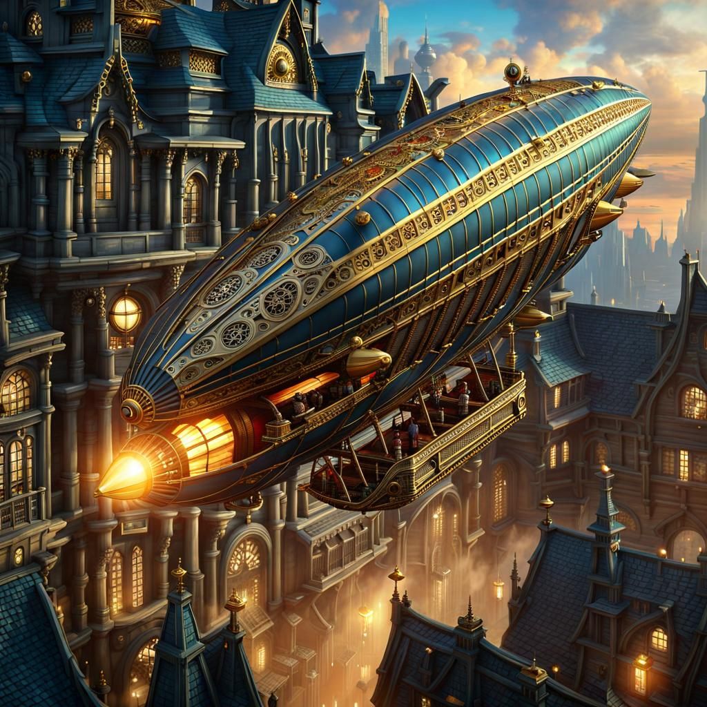Steampunk Zeppelin Over Cyberpunk Gothic City