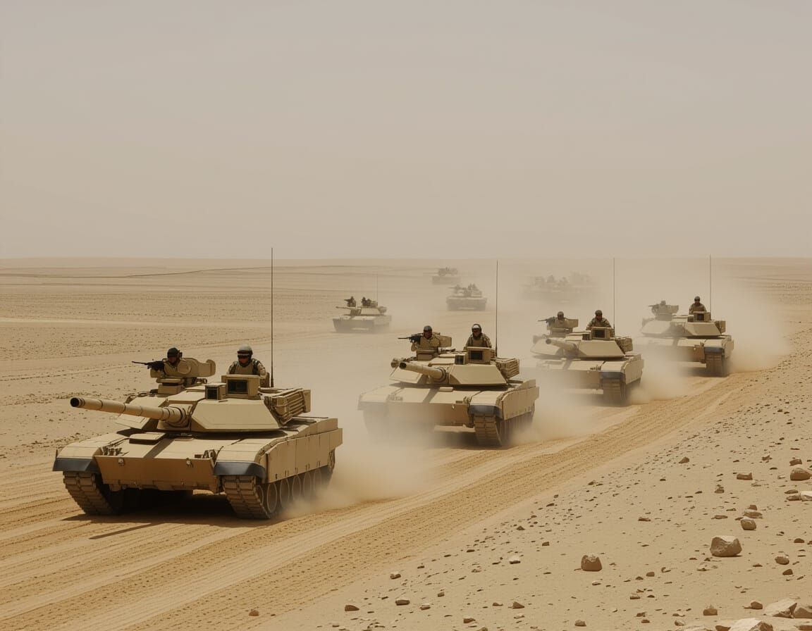 Five M1A2 Abrams Tanks Advance in Iraqi Desert, 2003