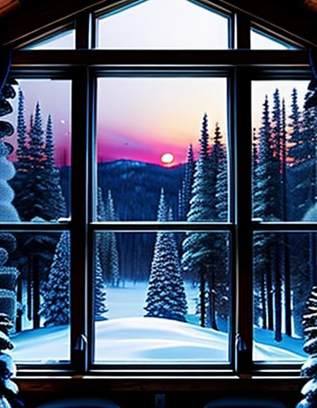 Winter Cabin View Through Frosty Window