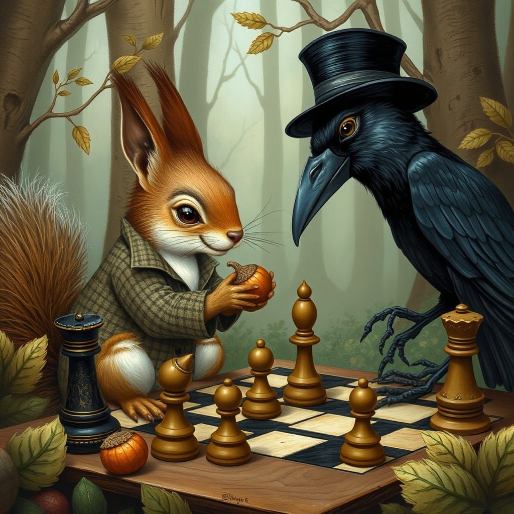 Squirrels and Crows Engage in Whimsical Chess Match