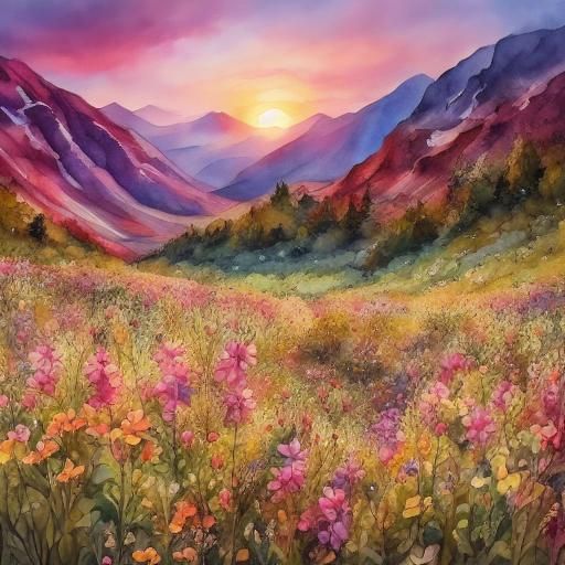 Fantasy Flower Valley in Watercolor Style
