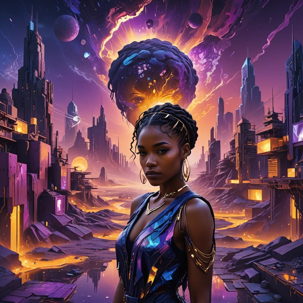 Mystical African American Girl in a Psychedelic City