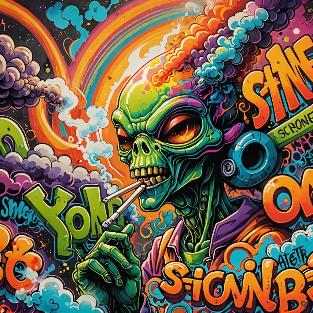 Vibrant Graffiti Alien Smoking a Blunt