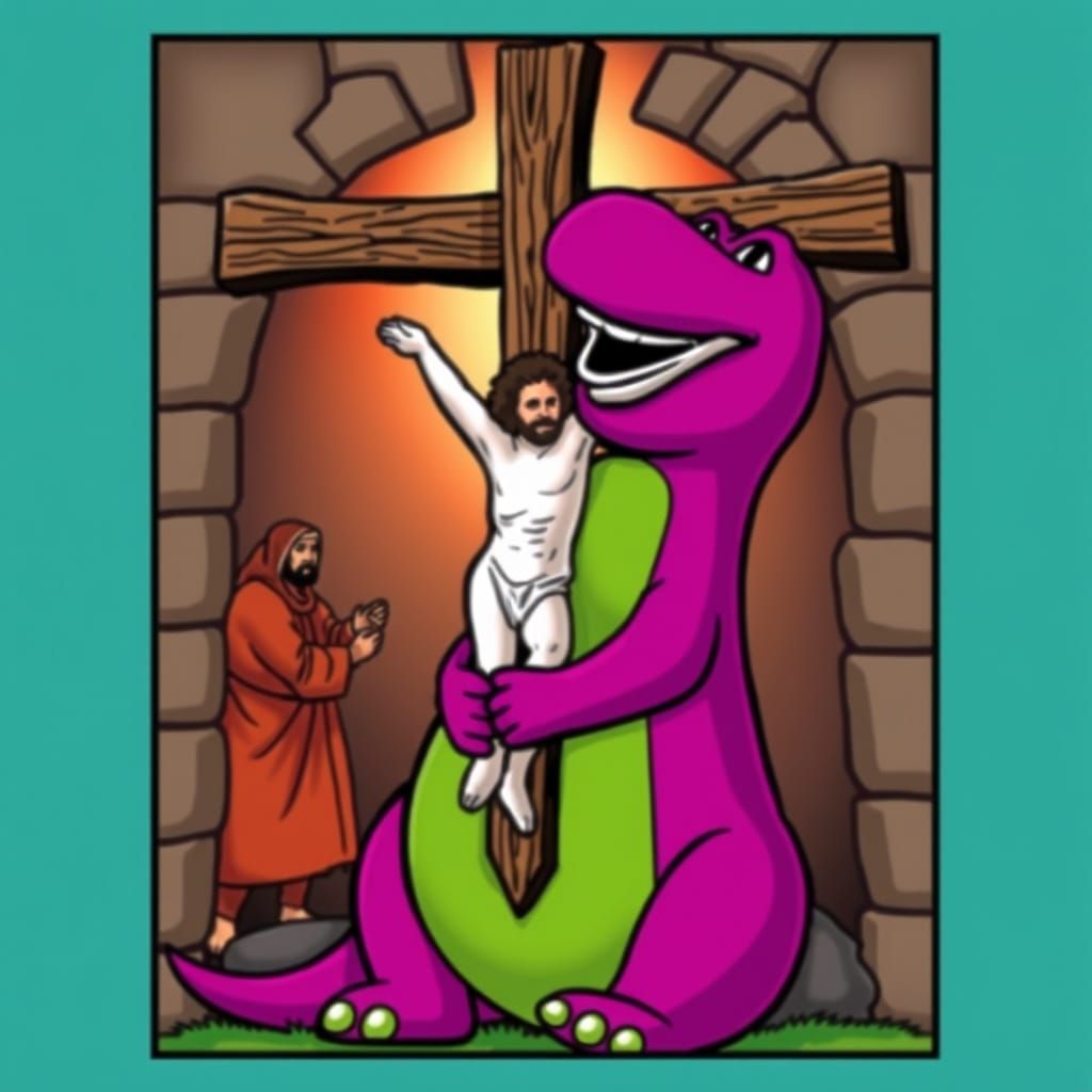 Barney Dinosaur Portrays Crucifixion in Muted Colors