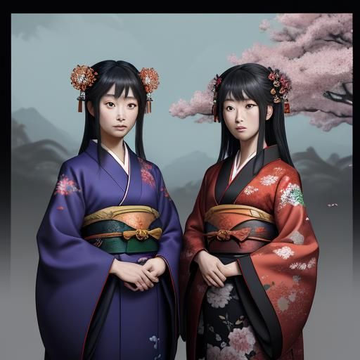 Japanese Women in Kimono: Detailed Matte Painting