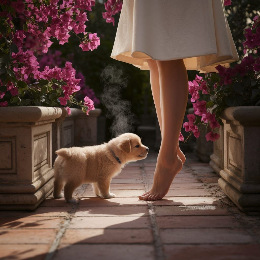 Golden Retriever Puppy's Curious Encounter on Sunny Patio