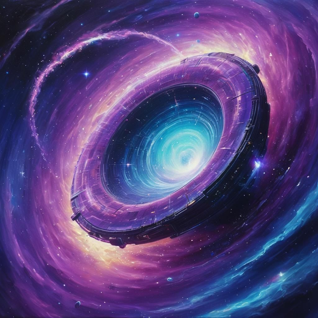 Spaceship Enters Wormhole: Surreal Oil Painting