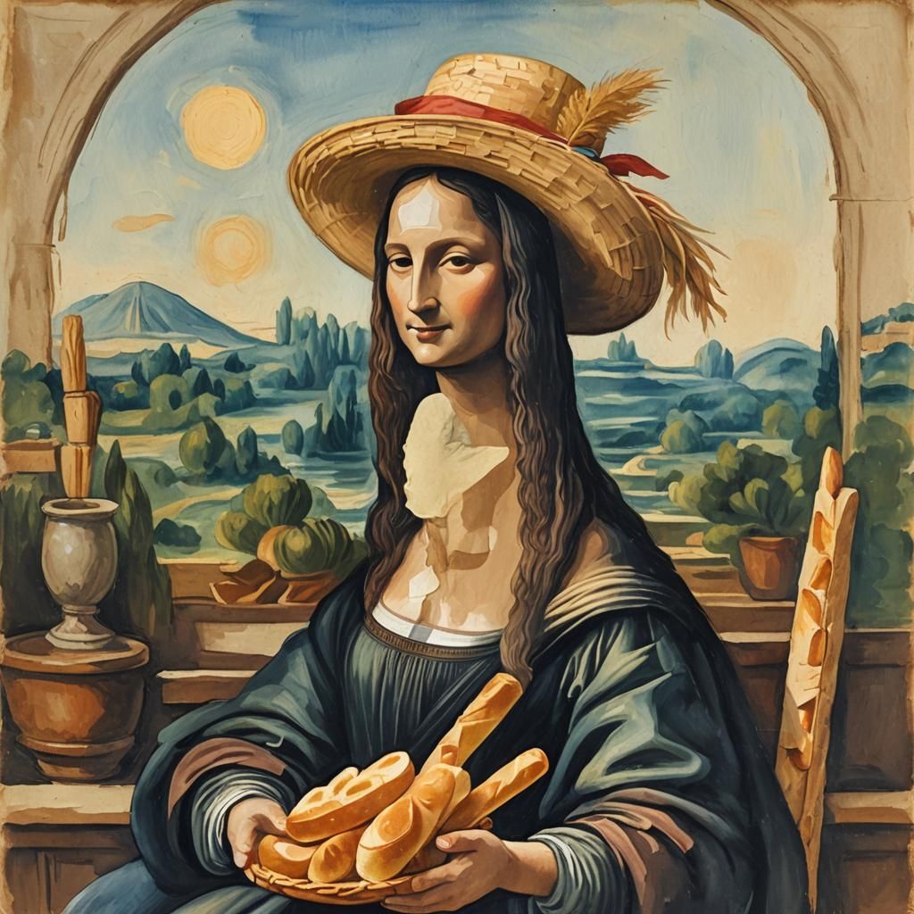 Mona Lisa with Baguette in Gouache Style