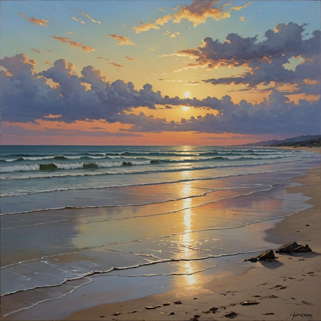 Romantic Sunset Beach Oil Painting