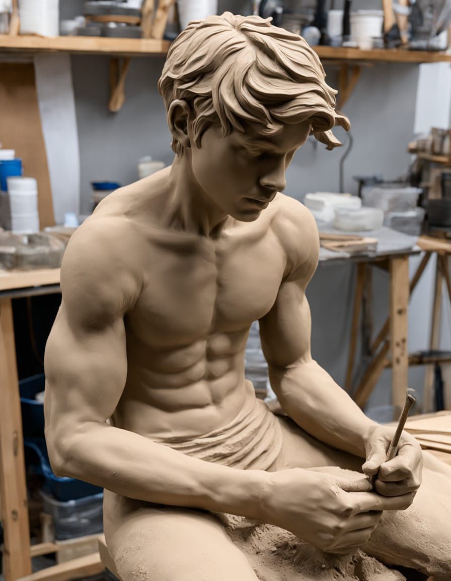 Clay Sculpture of a Young Man in a Moody Artist Studio