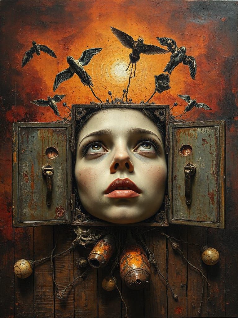 Surreal Face in Decaying Sky: Maximalist Art