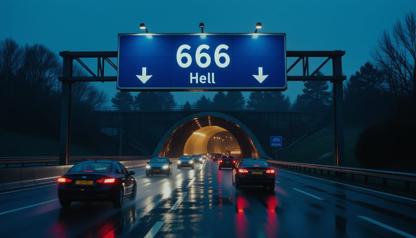 Rainy Night Motorway with Ominous 'Hell 666' Sign