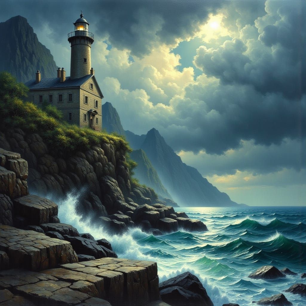 Dramatic Lighthouse on Stormy Sea in Oil Style