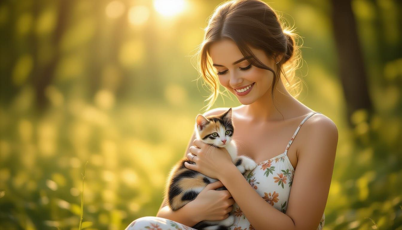 Woman and Kitten in Sun-Dappled Forest Clearing
