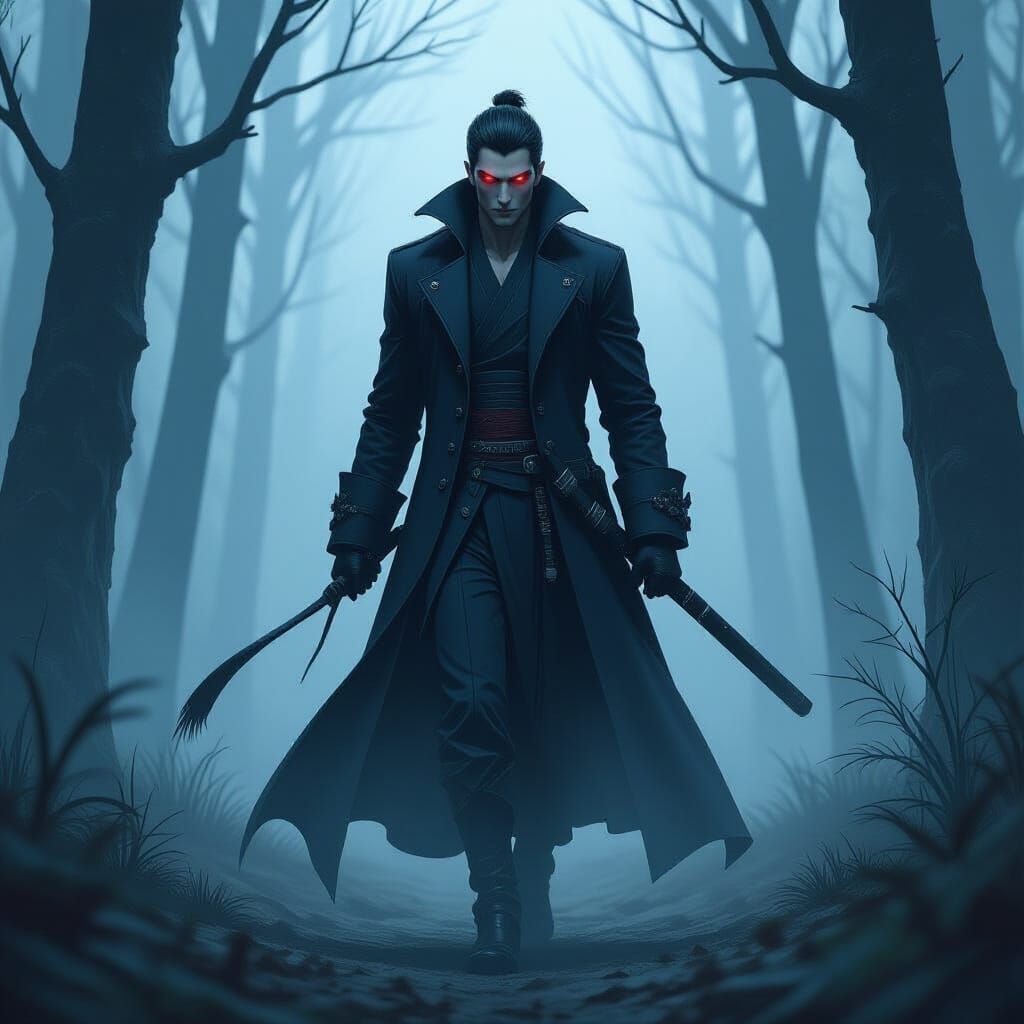 Mysterious Figure Emerges from Misty Forest in Anime Style