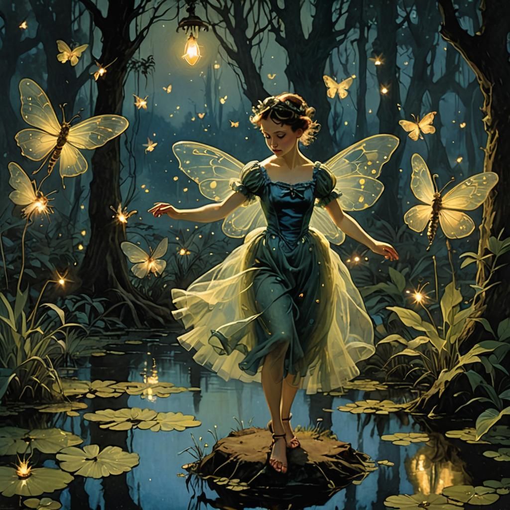 Fairy Dancing in Bayou with Fireflies