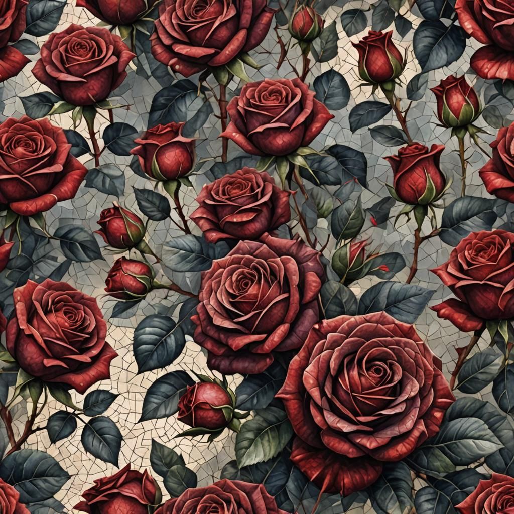 Dark Red Roses in Mosaic Watercolour Style