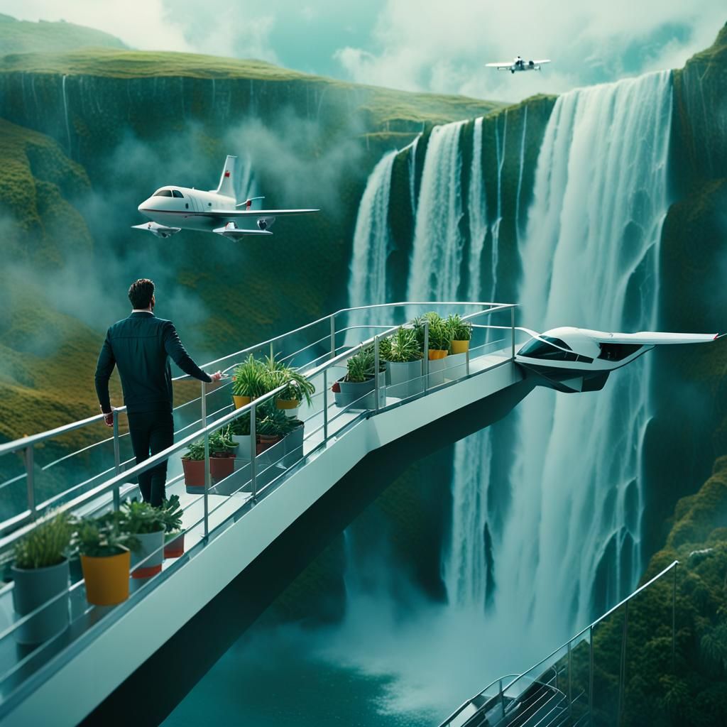 Hyper-Modern Dream Space Above Majestic Waterfall