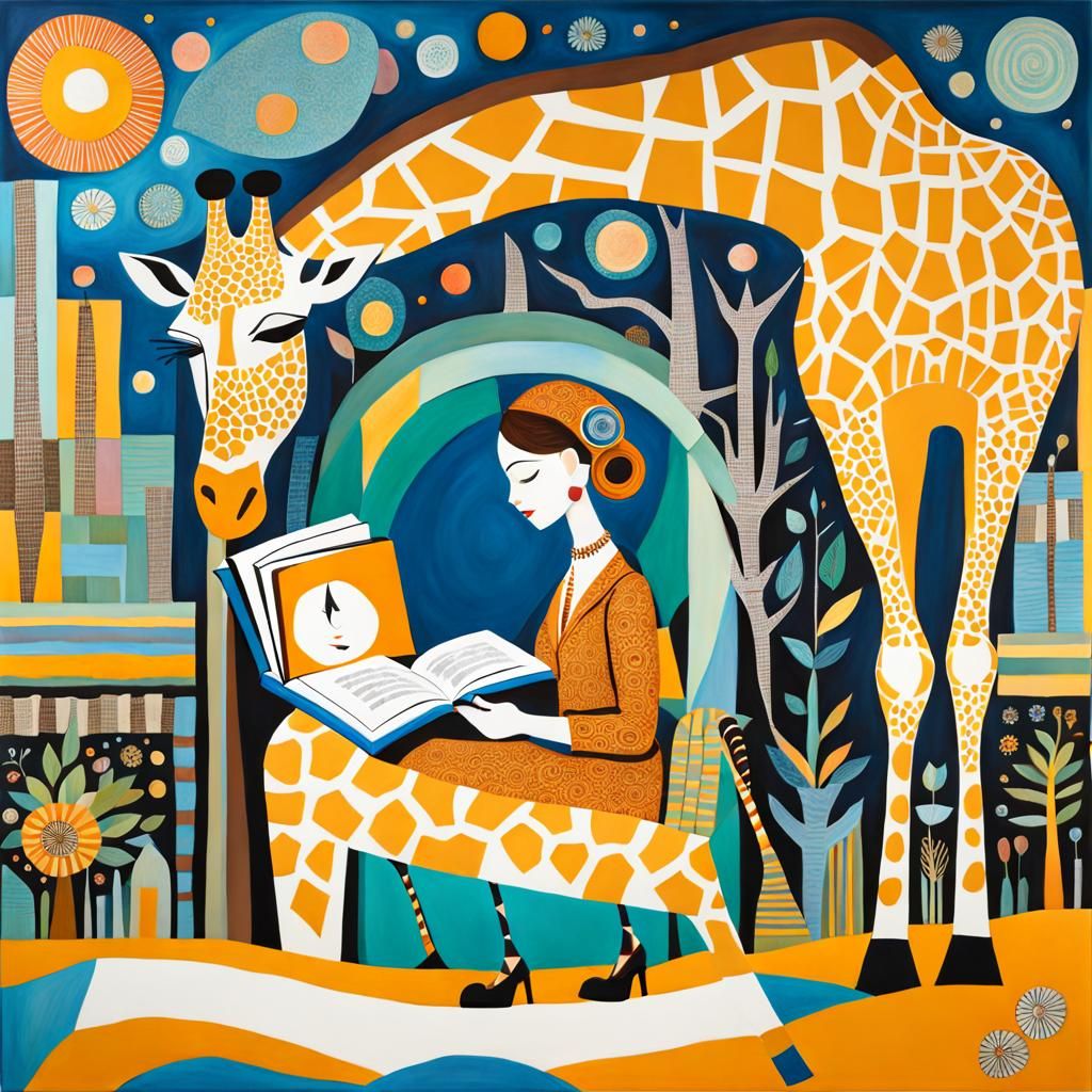 Giraffe Reads to Girl, Whimsical 3D Art