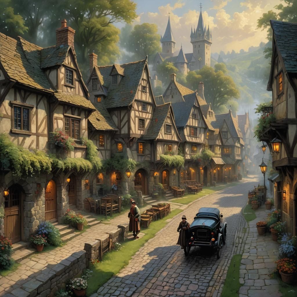 Medieval Village Street: Ethereal Fantasy Oil Painting
