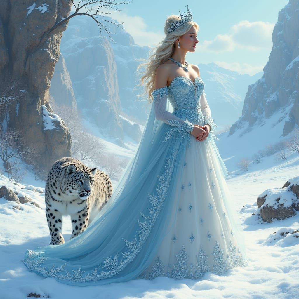 Elegant Queen in Snowy Landscape with Majestic Snow Leopard