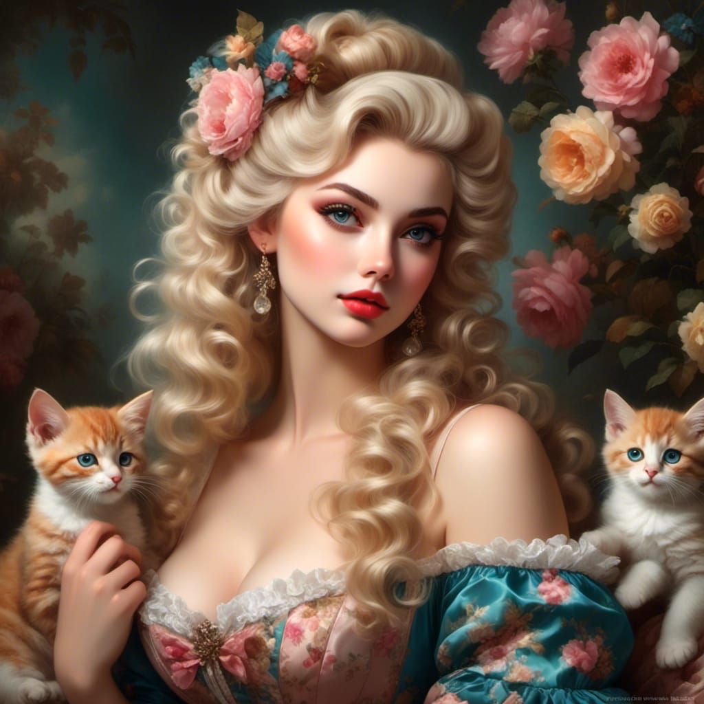Blonde Woman with Kittens in Rococo Style